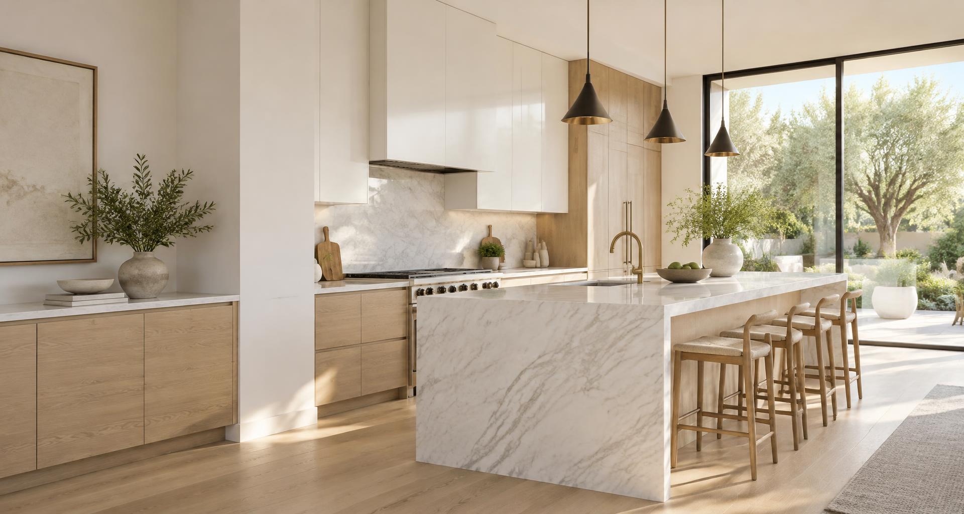 An immaculate sunlit luxury kitchen with marble countertops — Call the Cleaners
